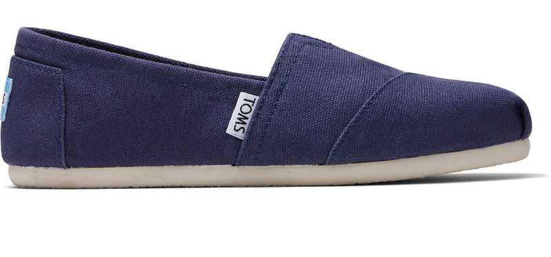 A navy blue Toms slip on shoe.