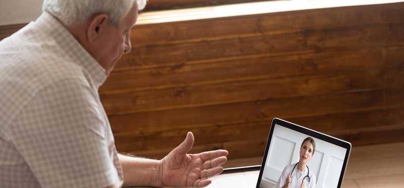 Person sitting at computer attending telehealth consultation with doctor.