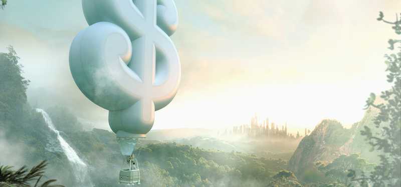 Dollar sign hot air balloon floating through magical forest
