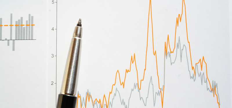 Pen resting on chart of volatile market movements.