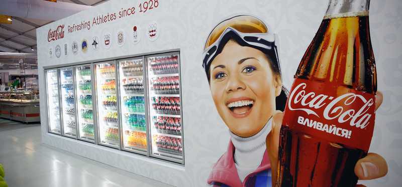 A Coca-Cola winter Olympics sponsor wall.