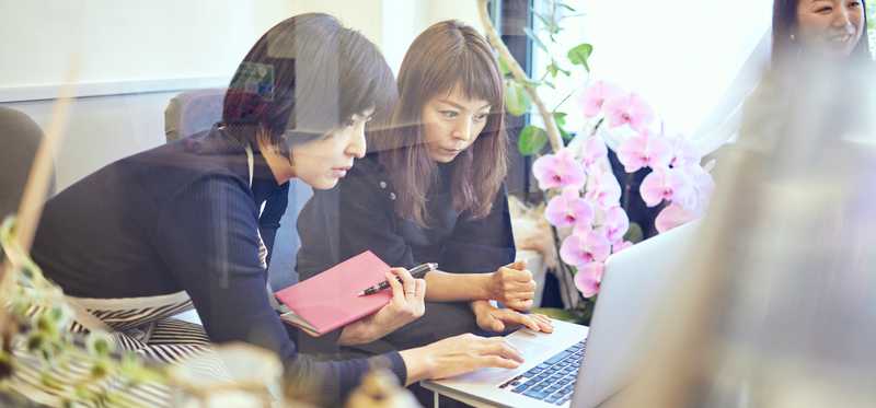 Two people looking at laptop screen.