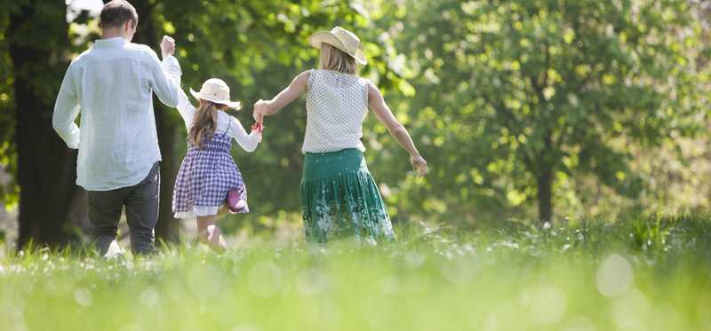 Family walking in park hand in hand.