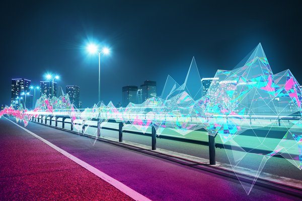 Brightly lit illustration of data mining against city background