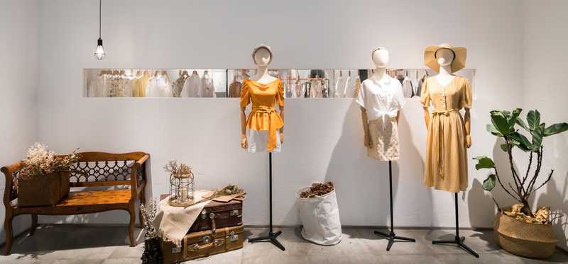 Mannequins in a women's clothing store.
