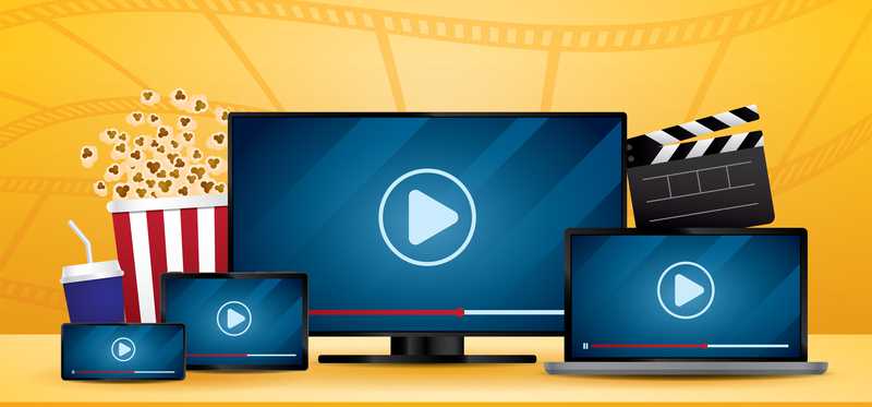 Streaming options on various devices with popcorn and director clapboard