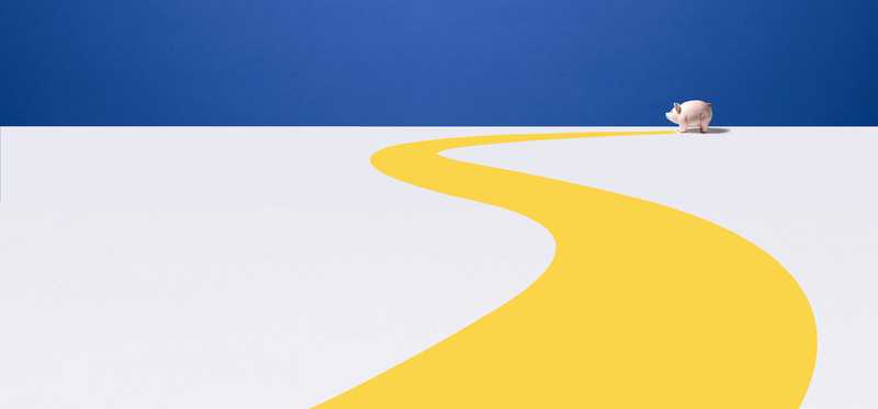 Winding yellow road leading to piggy bank