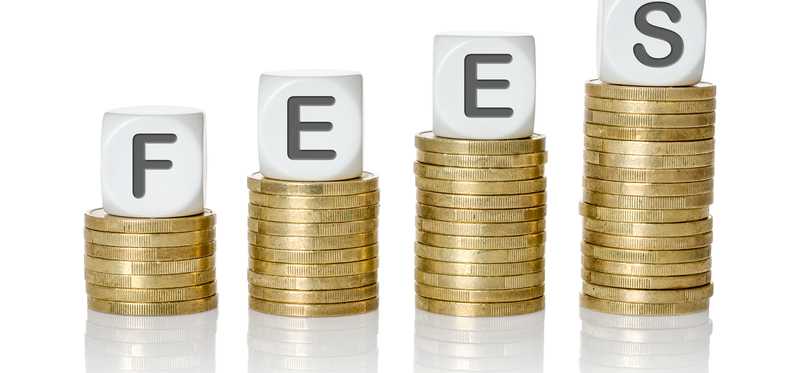 Stack of coins propping up blocks that read FEES