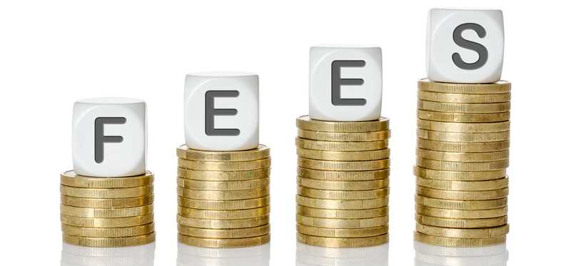 Stacks of coins propping up blocks that read FEES.