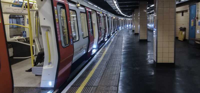A subway car at the station.
