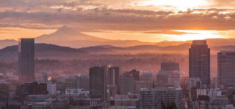 Sunrise over Portland Oregon and Mount Hood