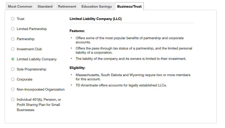 Screenshot from TD Ameritrade's online application page.