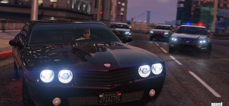 Take-Two Interactive character driving a sports car while being chased by the police.