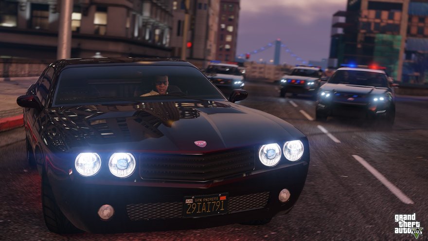 Take-Two Interactive character driving a sports car while being chased by the police.