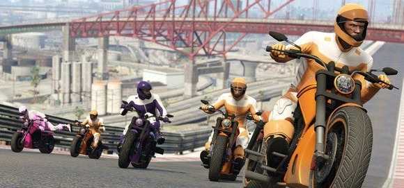 Take-Two Interactive characters racing motorcycles up a hill.
