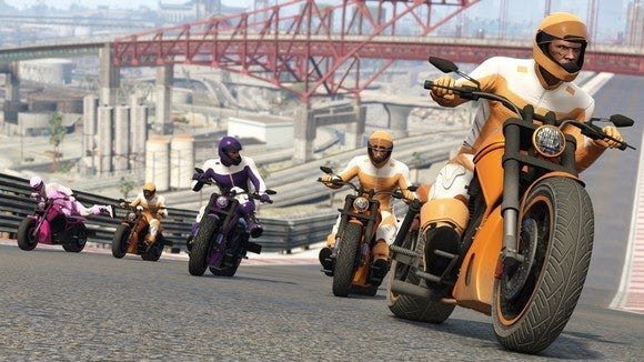 Take-Two Interactive characters racing motorcycles up a hill.