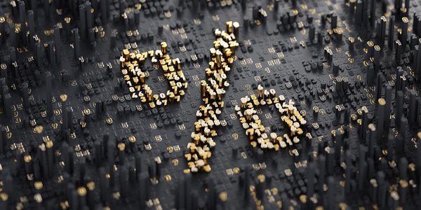 Percentage sign made of gold particles on black background.