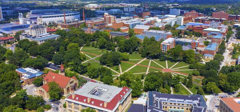 An aerial view of the Oval at Ohio State University.