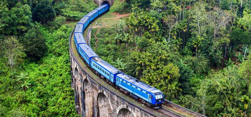 Blue train on bridge.