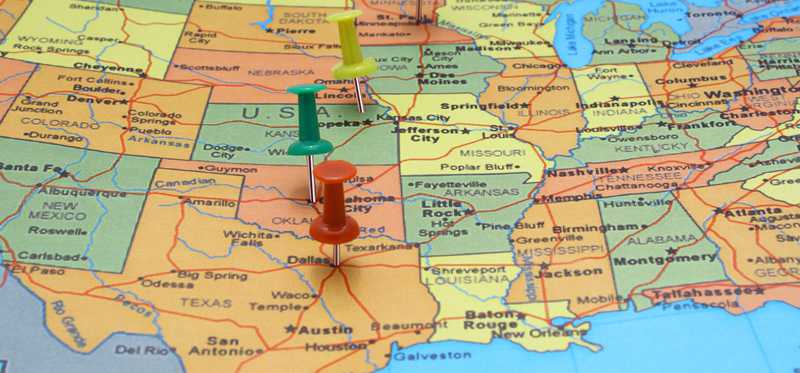 A U.S. map with multiple locations pinned.