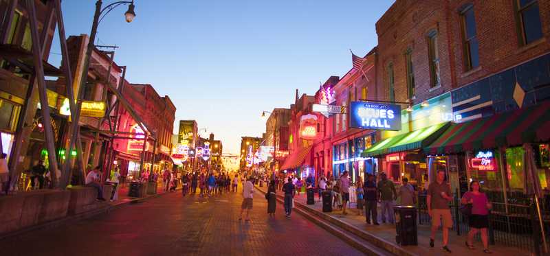 A crowded street scene on Beale Street in Memphis, Tennessee.