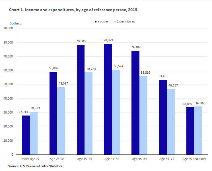 Chart showing average income and expenditures of different age groups in 2013