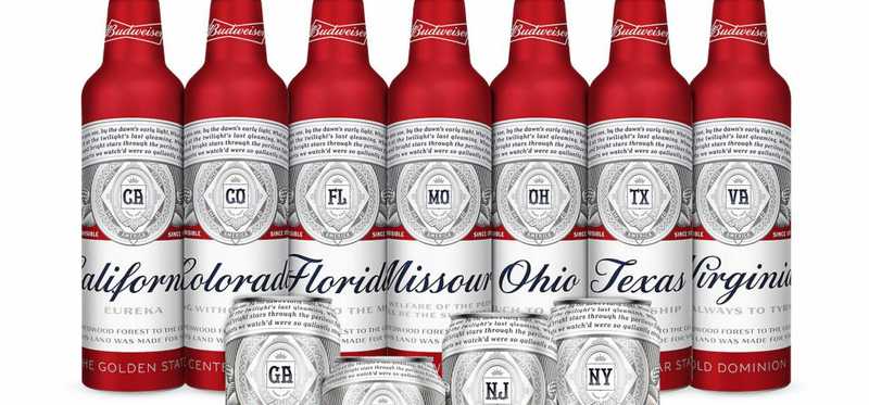 Budweiser bottles featuring factory state labels.