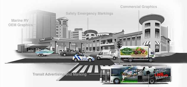Various boats, cars, buses, and buildings covered by Avery Dennison's removable graphic labels.