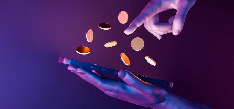 Coins come out of a phone as a person swipes.