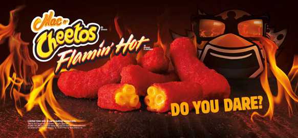 An ad picturing Burger King's Flaming Hot Mac & Cheetos and the words "Do you dare?"