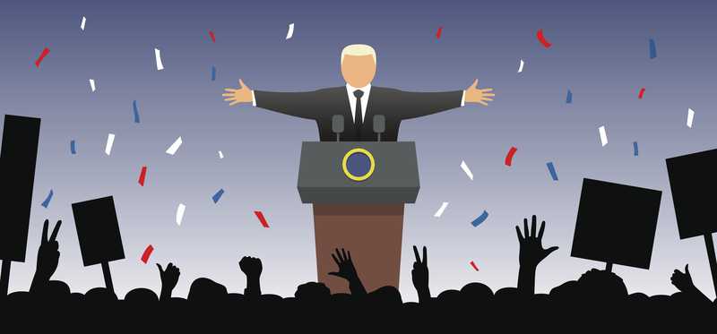 Candidate at podium with confetti
