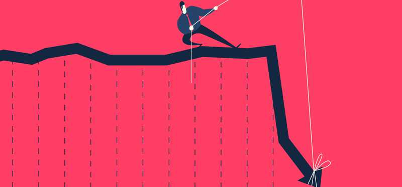 Cartoon of falling stock with man trying to turn the line back upwards.