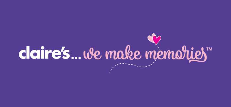 claires logo and slogan against purple background