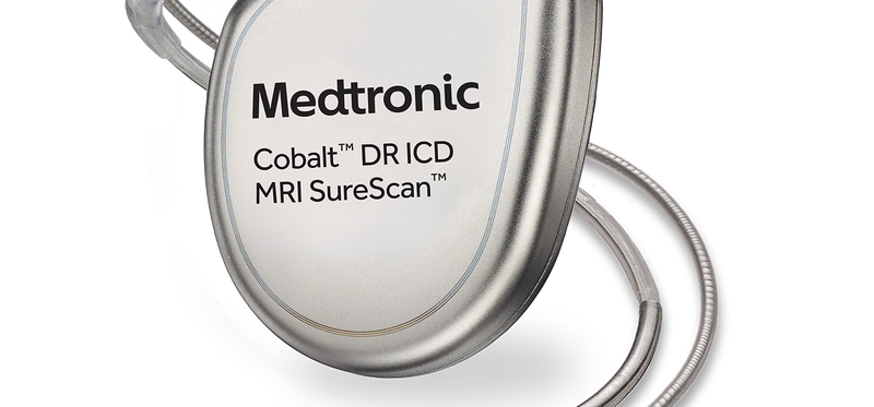 An implantable defribrillator is shown, bearing the Medtronic name.