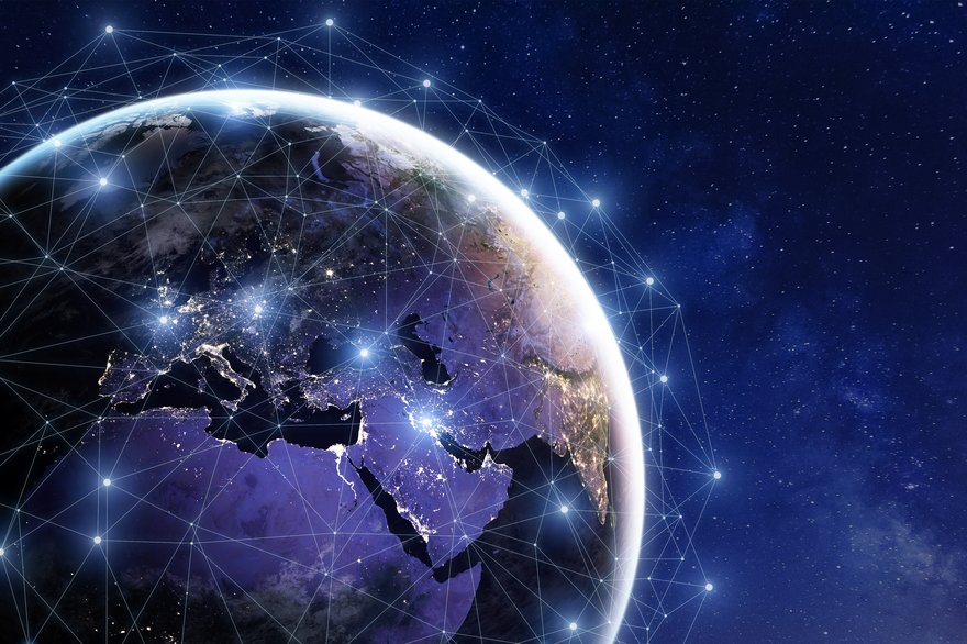 Communication network around Earth, worldwide international connections, finance, internet, IoT