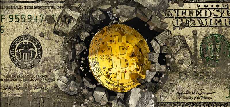 Bitcoin token bursting through center of hundred dollar bill.