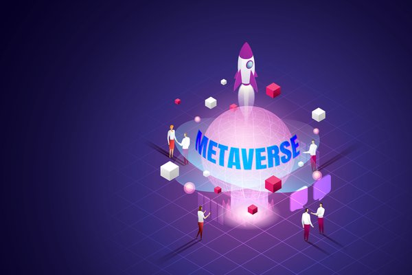 A rocket emerges from a globe with the word "metaverse" wrapped around it.