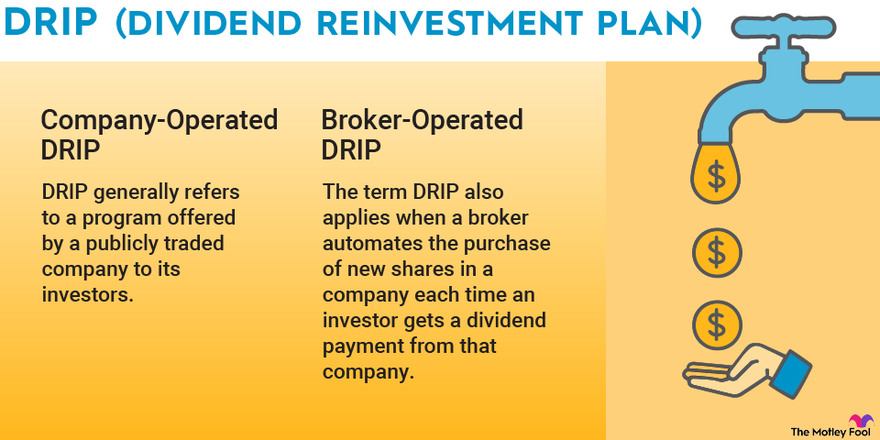 An infographic explaining the difference between company-operated and broker-operated dividend reinvestment plans  (DRIPs).