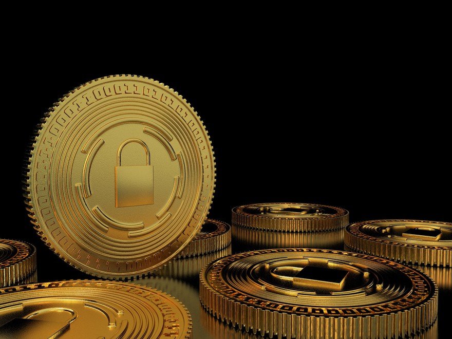 A rendering of a crypto coin with a lock on it.