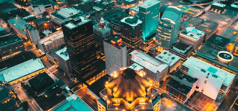 An aerial view of downtown Des Moines, IA.