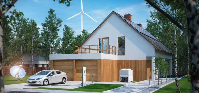 An electric car parked in front of a house with solar panels with a wind turbine in background.