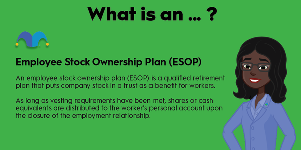 An infographic defining and explaining the term "employee stock ownership plan (ESOP)"