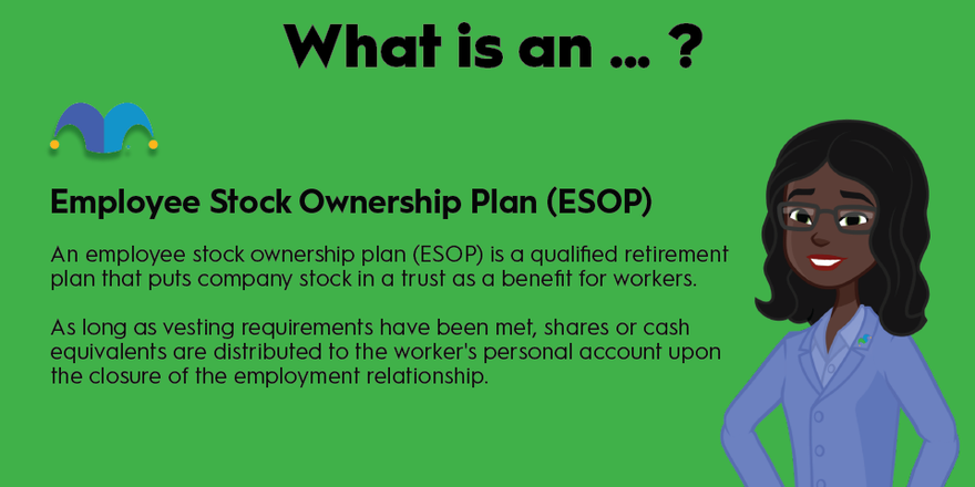 An infographic defining and explaining the term "employee stock ownership plan (ESOP)"