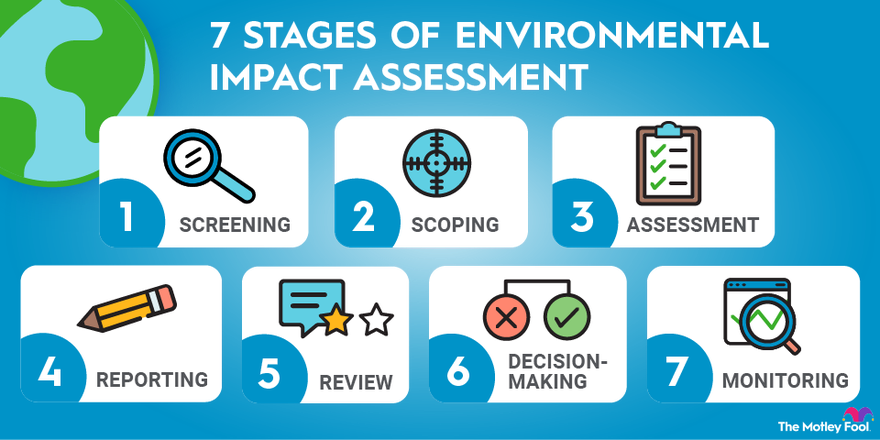 A graphic listing the seven stages of environmental impact assessment.