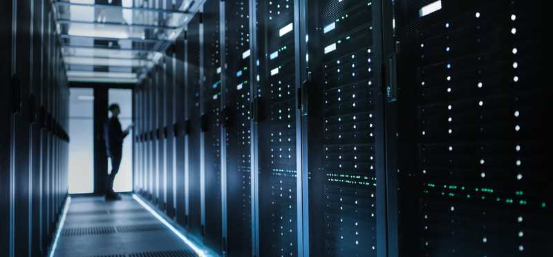 A dimly lit data center.