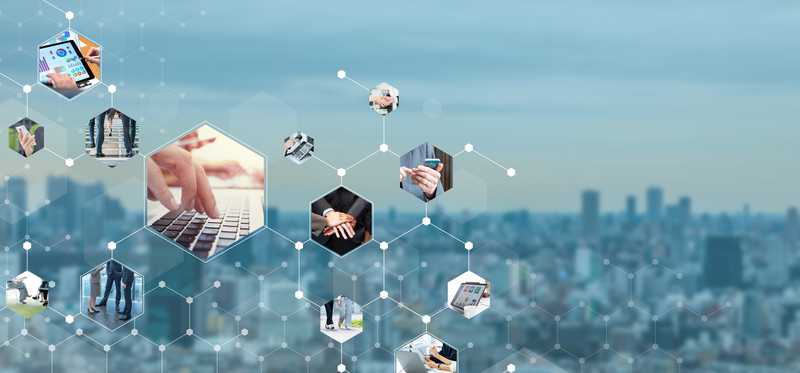 Fintech symbols over cityscape