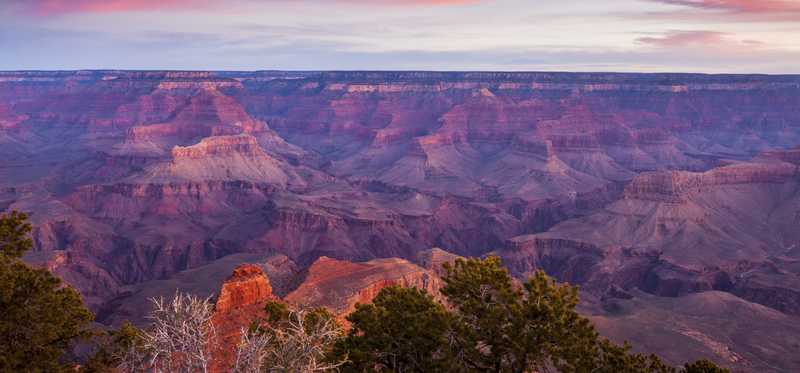 Aerial view of the Grand Canyon at dusk.