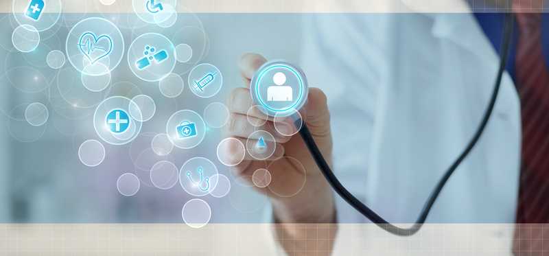 Physician using a stethoscope to focus on icons of a person, heart, pills, and additional medical iconography.