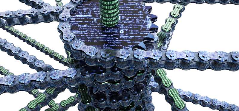 interrconnecting bike chains covered in binary code to represent blockchain
