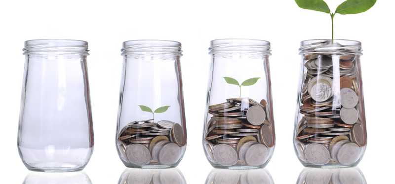 Glass jars filled with varying levels of coins and a seedling coming out the final, full jar.